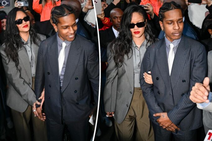Rihanna и A $ AP Rocky Match в костюмах серого полоску в Rapper’s Trial