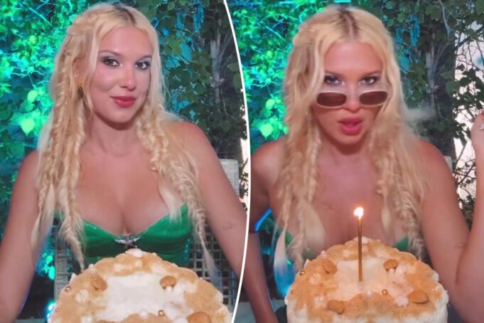 Милли Бобби Браун звонит в 21 -й день рождения в стиле русалки с косичками с рыбьем и платьем с блестками