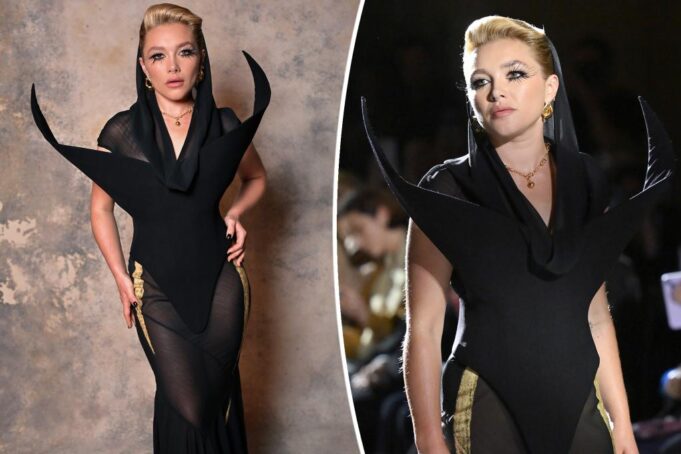 Florence Pugh Models Suer Spulptural Dress на взлетно -посадочной полосе Харриса Рид во время Лондонской недели моды