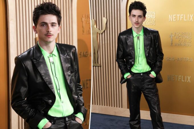 Timothã © e Chalamet Sports кожаный костюм и алмазной галстук Bolo на Sag Awards 2025 Красная дорожка