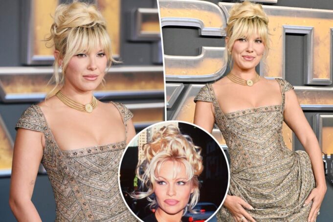 Милли Бобби Браун Каналы Памела Андерсон с объемной блондинкой прически на красной ковровой дорожке «Electric State»