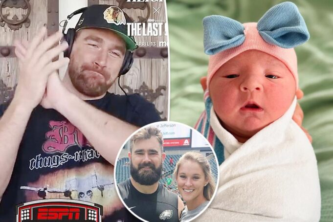 Трэвис Келс восхитительно встречается с новорожденной дочерью Джейсона и Кайли на подкасте «Новые высоты»