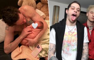 Пит Дэвидсон демонстрирует процесс удаления татуировок на фотографии без рубашки с новорожденной дочерью