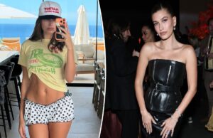 Хейли Бибер продемонстрировала упругий живот в крошечных шортах в горошек для селфи на пляже