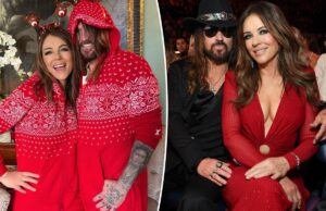 Билли Рэй Сайрус и Элизабет Херли отмечают свое первое Рождество в паре в одинаковых пижамах.