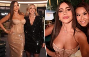 София Вергара сочетает прозрачный кружевной корсет и телесную юбку с пайетками для вечернего выхода в Лондон