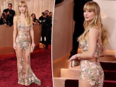 Дженнифер Лоуренс обнажила все это в прозрачном цветочном платье на красной дорожке «Золотого глобуса-2026»