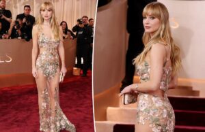 Дженнифер Лоуренс обнажила все это в прозрачном цветочном платье на красной дорожке «Золотого глобуса-2026»