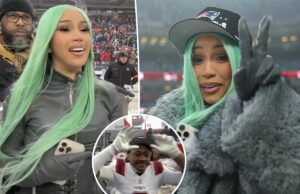 Карди Би празднует выход своего бойфренда Стефона Диггса на Суперкубок, когда Патриоты победили Бронкос в чемпионате AFC