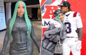 Карди Би зашнуровала кожу с головы до ног, чтобы поддержать бойфренда Стефона Диггса на игре плей-офф Патриотов