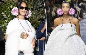 Конечно, Рианна стала первой, кто надел цветочный головной убор Dior прямо с подиума.