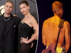 Джастин Бибер дебютирует с татуировкой на спине — похоже, с изображением жены Хейли — на церемонии «Грэмми» в 2026 году.